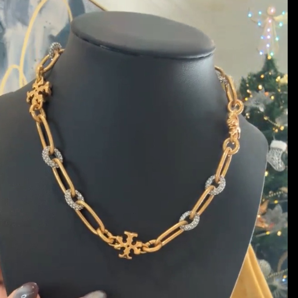 🎁Tory Burch Gold Pave diamond Roxanne Necklace Intricate Link Design NWT $278
